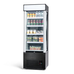 Display cooler with various products on a white background