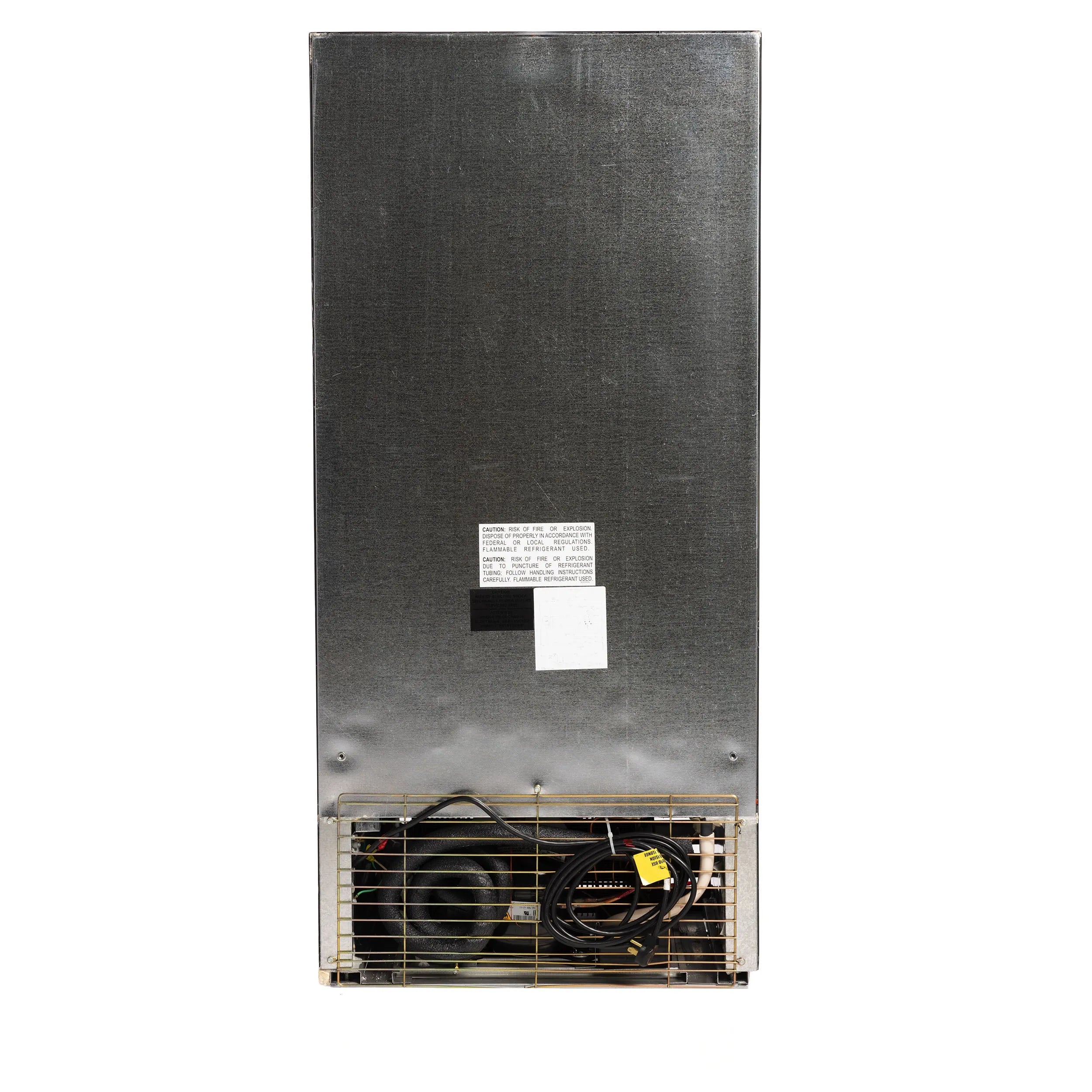 Back view of a refrigerator with visible components on a white background