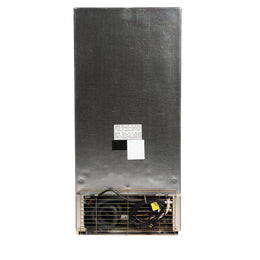 Back view of a refrigerator with visible components on a white background