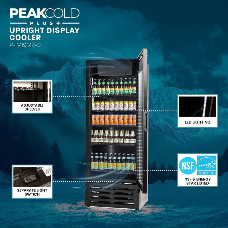 PeakCold upright display cooler with features highlighted on a mountainous background