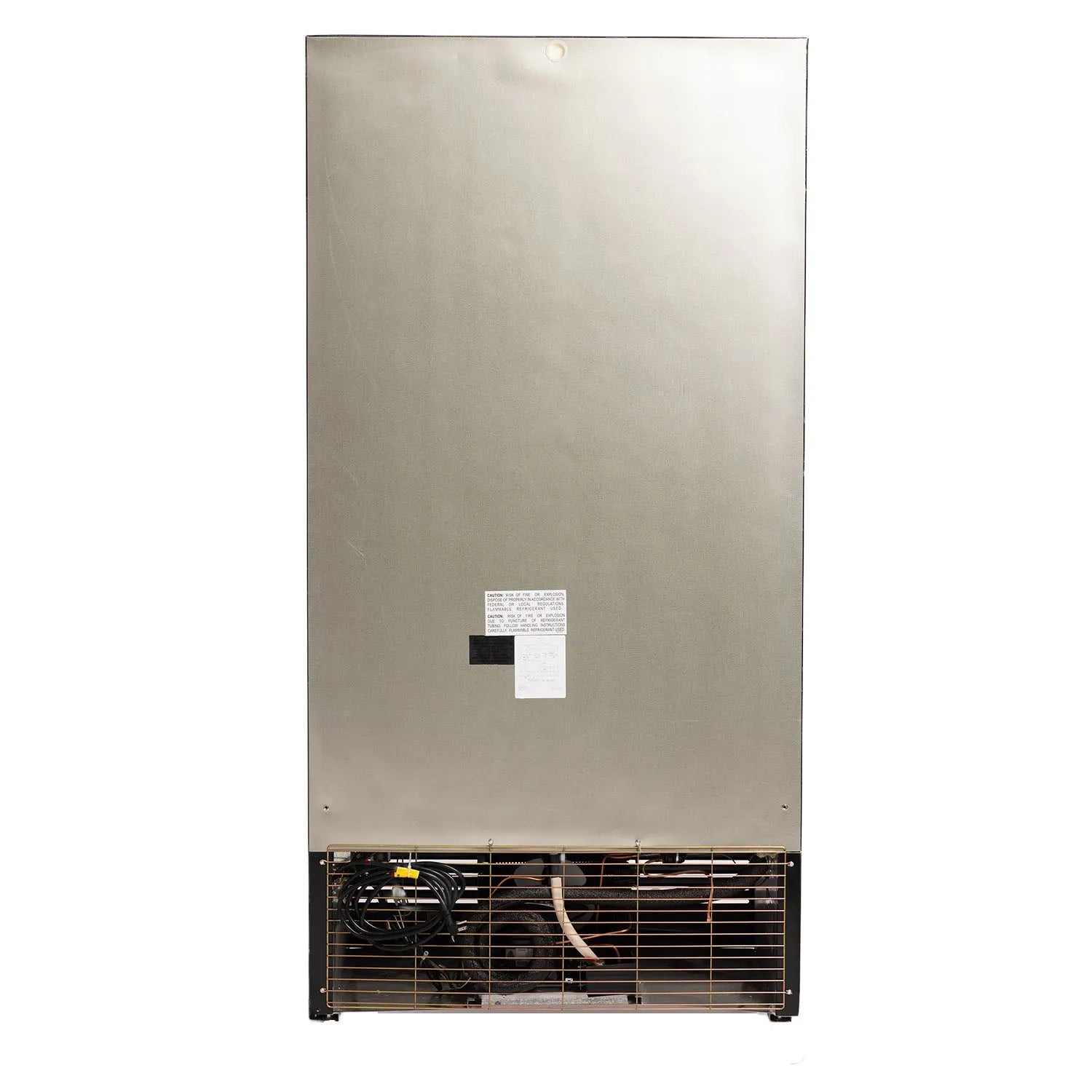 Stainless steel refrigerator back side on a white background