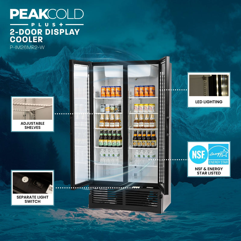 PeakCold 2-door display cooler with features highlighted on a mountainous background