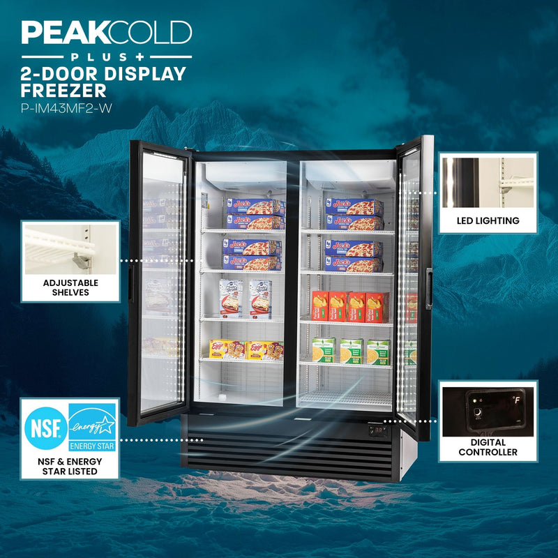 PeakCold 2-door display freezer with features highlighted on a mountainous background