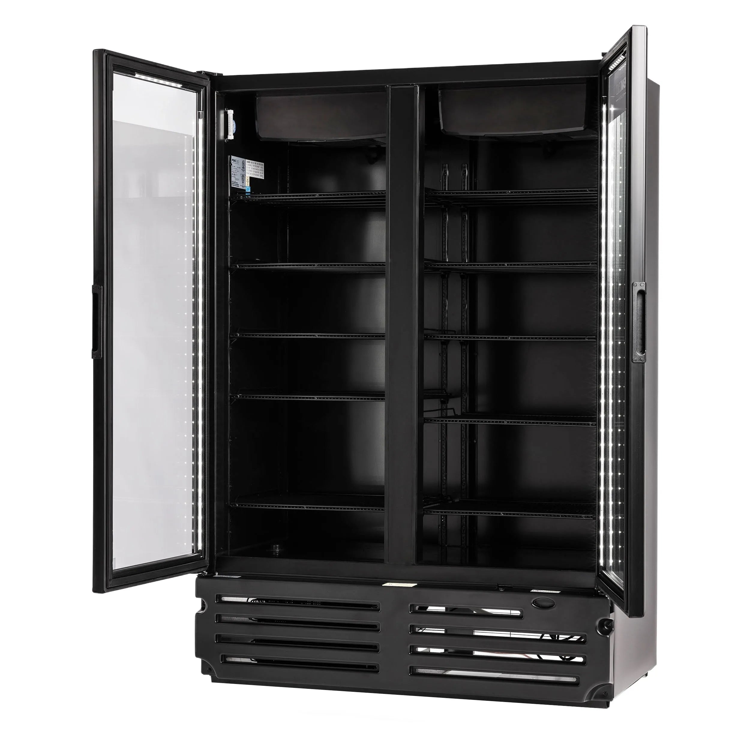 Black commercial cooker with open doors on a white background