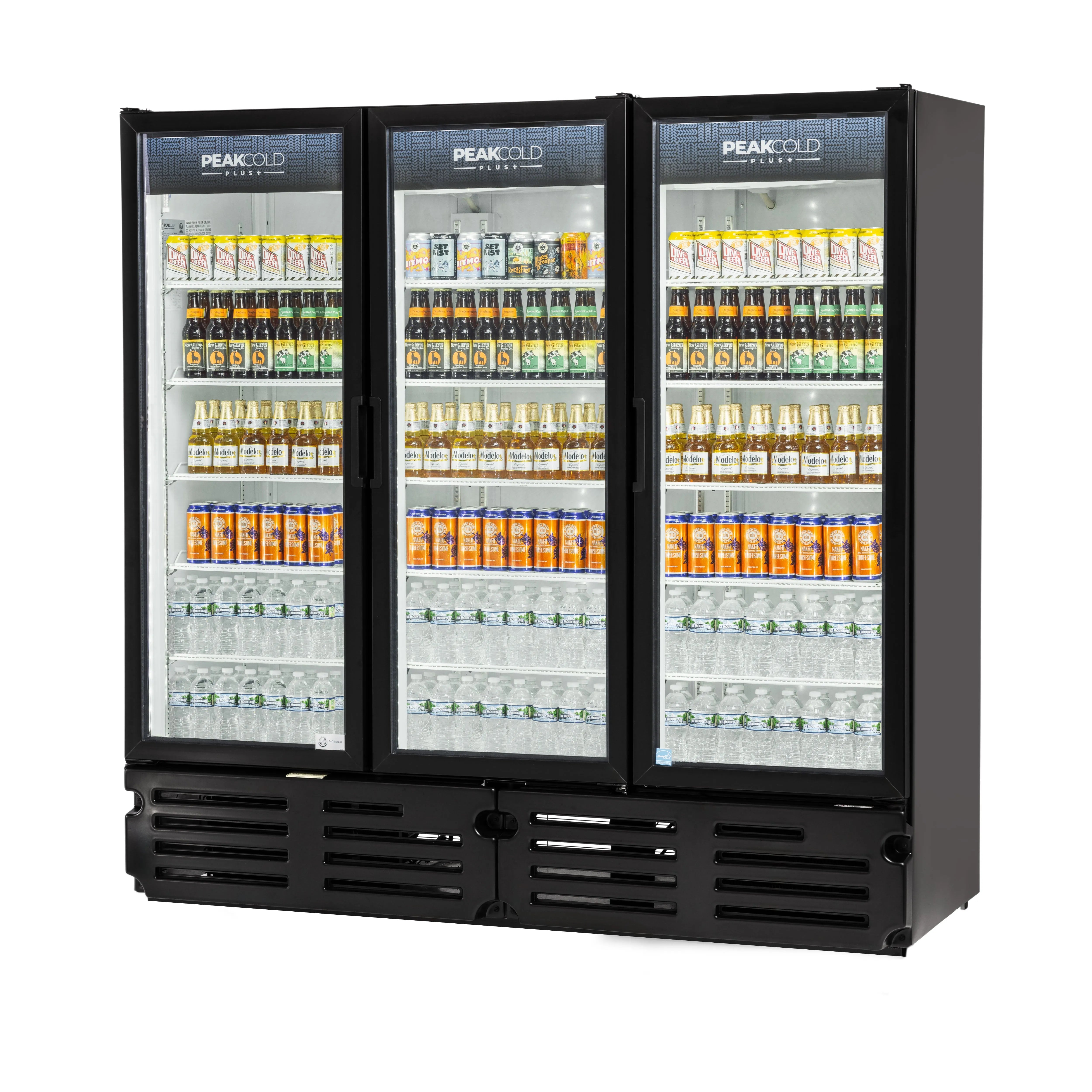 Triple-door beverage cooler with a variety of drinks on a white background