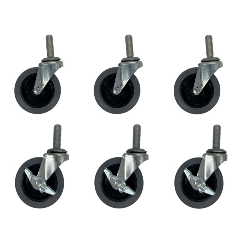 Set of six black wheels with metal axles on a white background