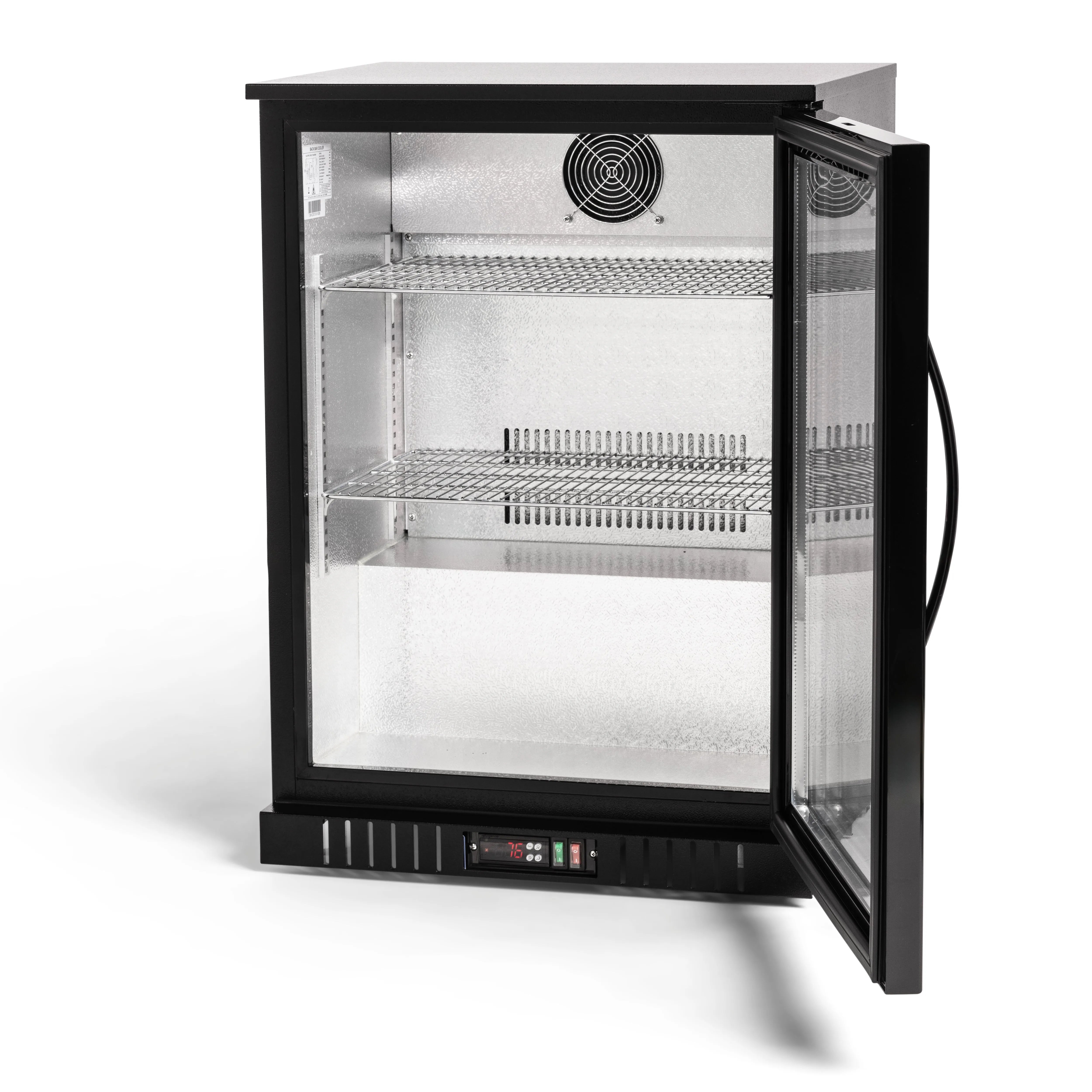 Black refrigerator with glass door on a white background