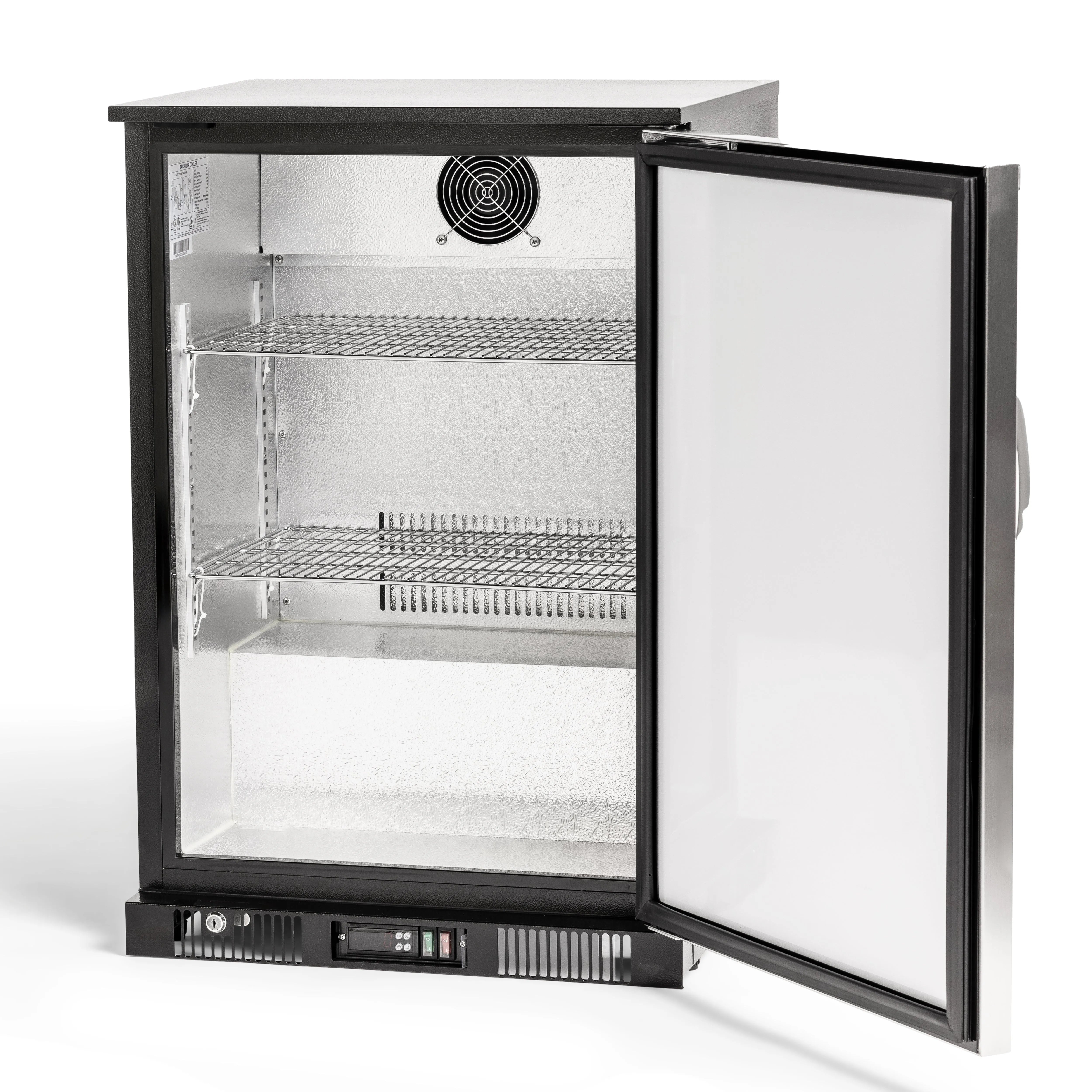 Small refrigerator with glass door on a white background