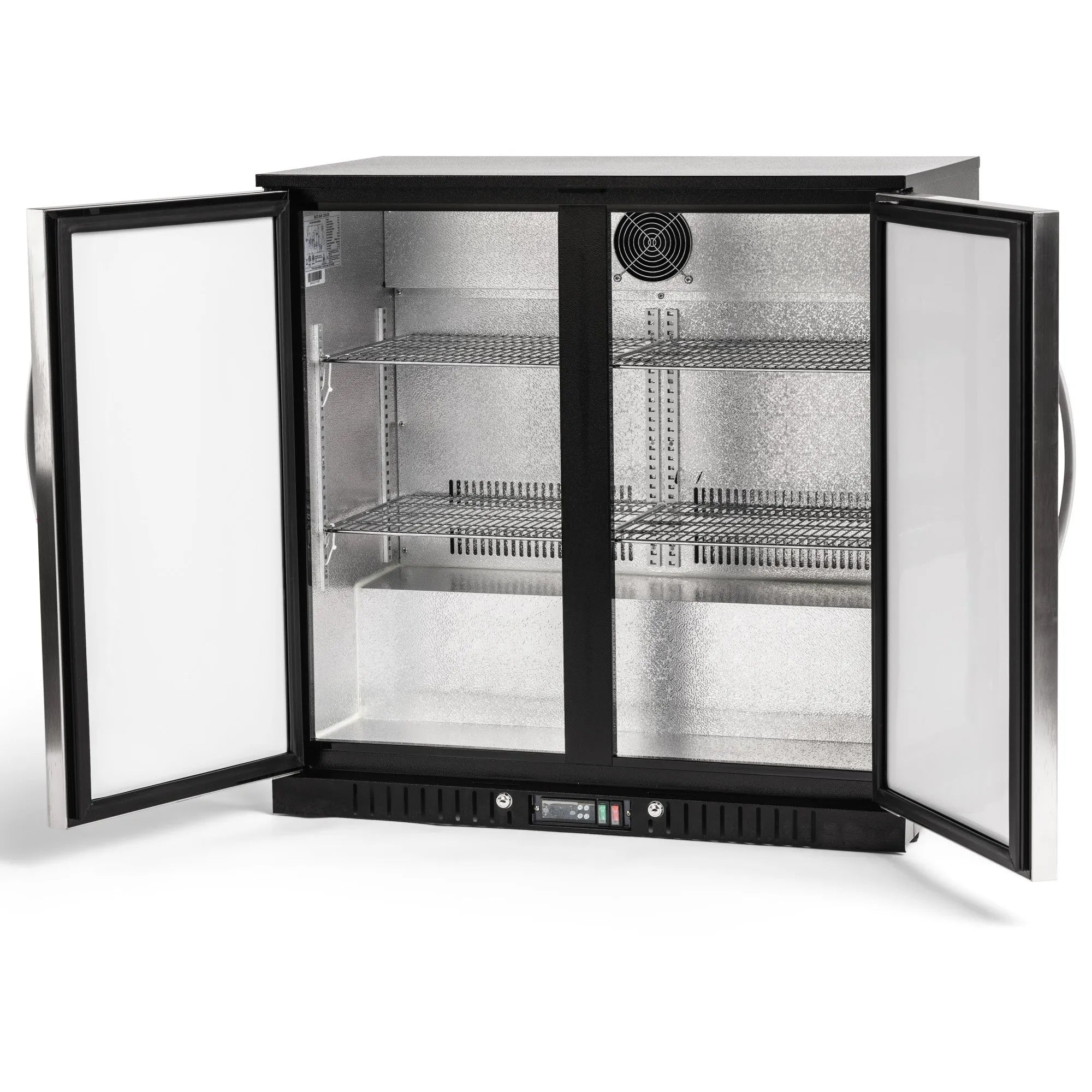 Commercial refrigerator with glass doors on a white background