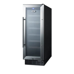Black and silver wine cooler with glass door on a white background