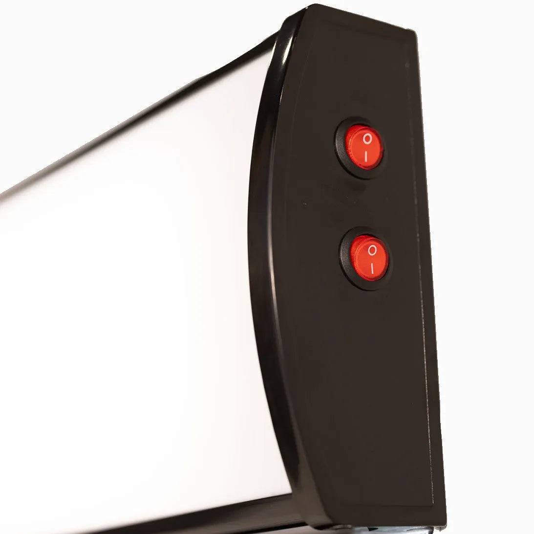 Control panel with two red buttons on a white background