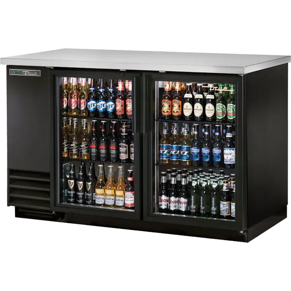 True TBB-2G-HC-LD glass swing door 2-section commercial back bar cooler for bars