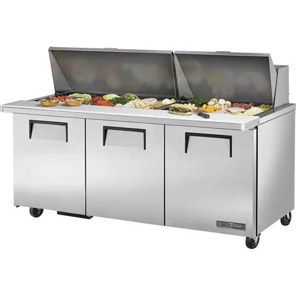 True TSSU-72-30M-B-ST-HC 72-inch 30-pan sandwich prep table with solid top for restaurants