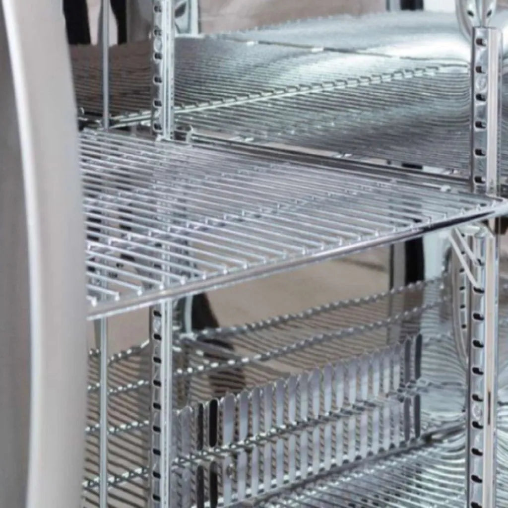 Metal shelving unit with multiple shelves in a warehouse setting